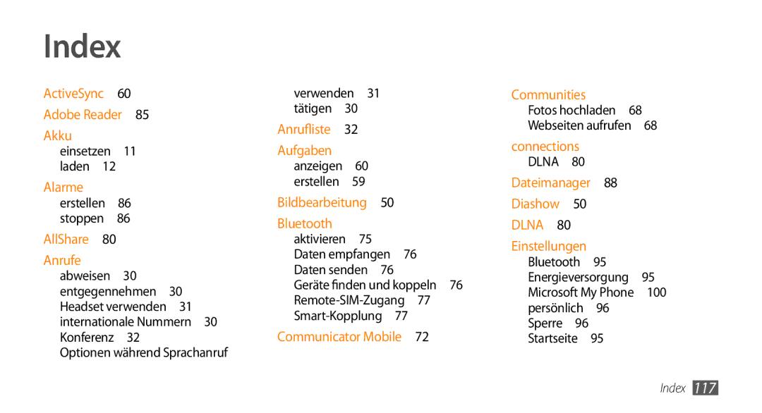 Samsung GT-B7350XKADBT, GT-B7350XKAVD2 manual Index, Verwenden 31 tätigen  